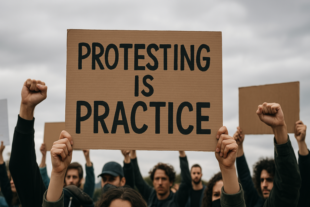 Image of Protestor with hands upfront holding up a cardboard sign with Black text that reads "Protesting is Practice"
Image by ChatGPT